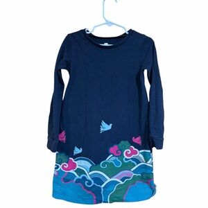 Tea Collection Girls Dress Size 5 Navy Graphic Birds Waves Long Sleeve Cotton